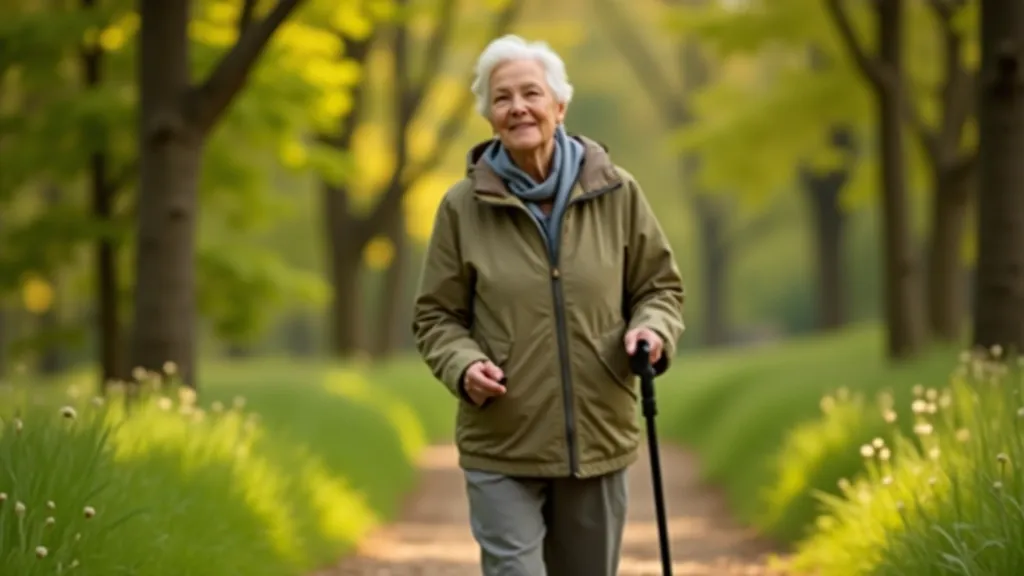 Seniorka se při chůzi opírá o hůlku, příjemná trasa v přírodě